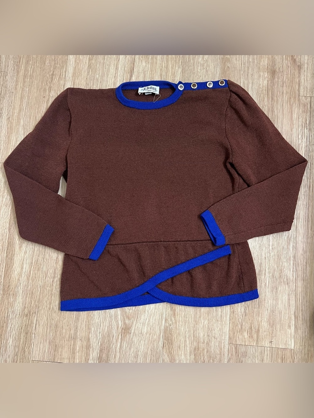 St. John Brown Crewneck Sweater with Royal Blue Trim and Grommet Detail